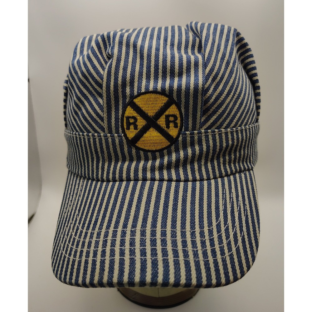 Julie + Joe Railroad Engineer Hat Blue White Hickory Stripe Hermann Park Cap